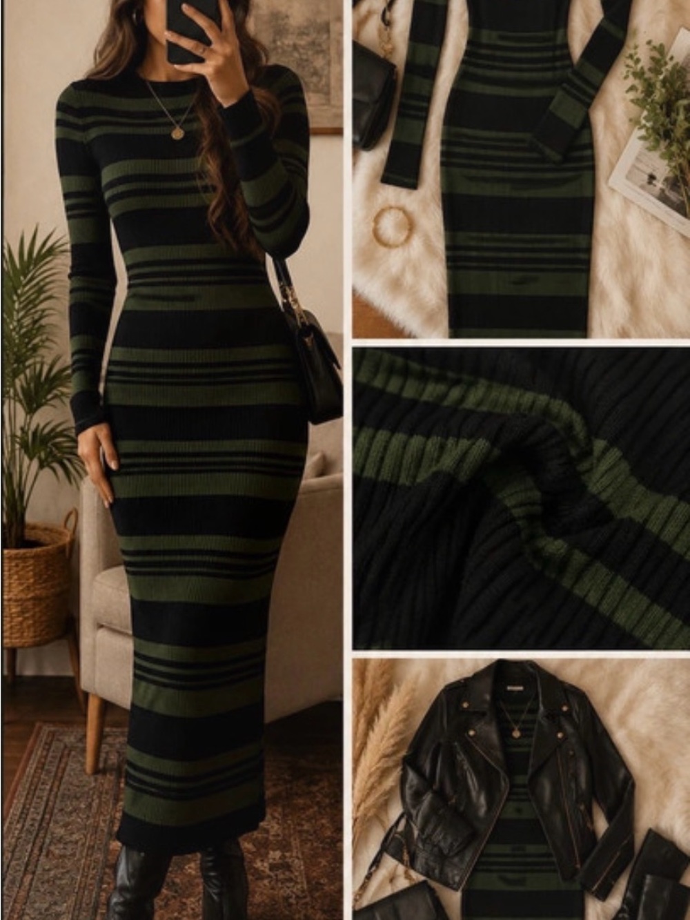 Long Sleeve Striped Bodycon Dress in Dark Green and Black